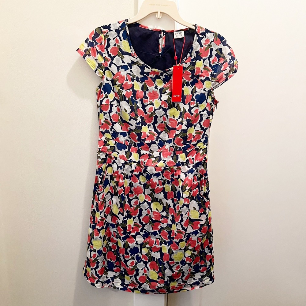 NWT Esprit Floral Dress Size‎ 8 Cotton Multicolor Short Sleeve Spring Summer